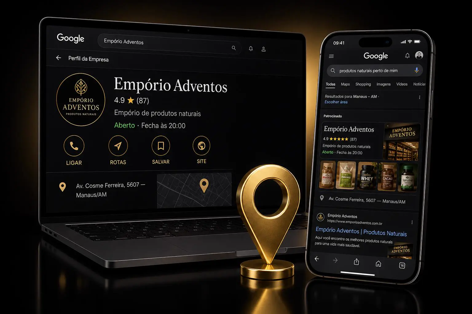 Mockup premium do Google Meu Negócio criado pela Virtua Performance — notebook e celular exibindo a ficha do Empório Adventos com avaliação 5 estrelas